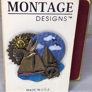 Vintage Montage Designs Nautical Brass Tone Sailing Brooch